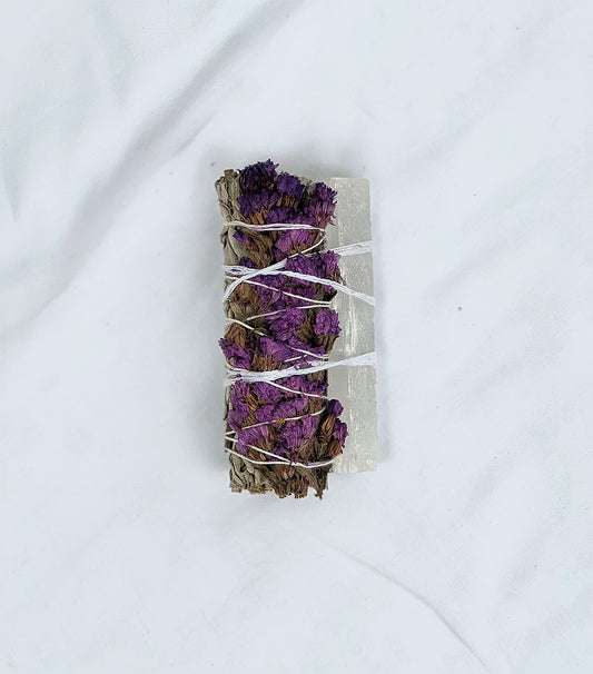 Purple Sinuata Flower Smudge Stick with Selenite