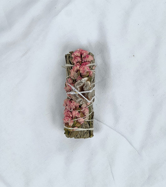 Pink Sinuata Flower Smudge Stick with Raw Druzy Agate Geode