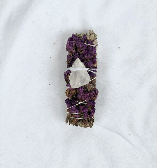 Purple Sinuata Flower Smudge Stick with Raw Clear Quartz