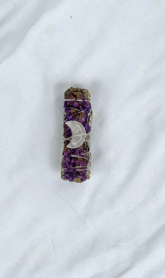 Purple Sinuata Flower Smudge with Clear Quartz Moon