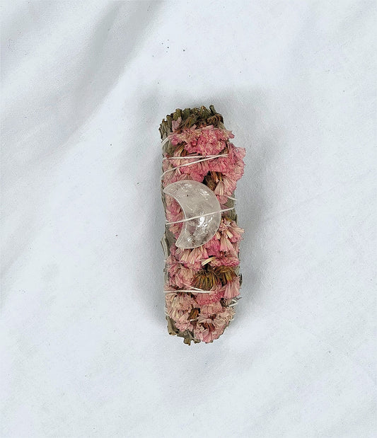 Pink Flower Sinuata Smudge Stick with Clear Quartz Moon